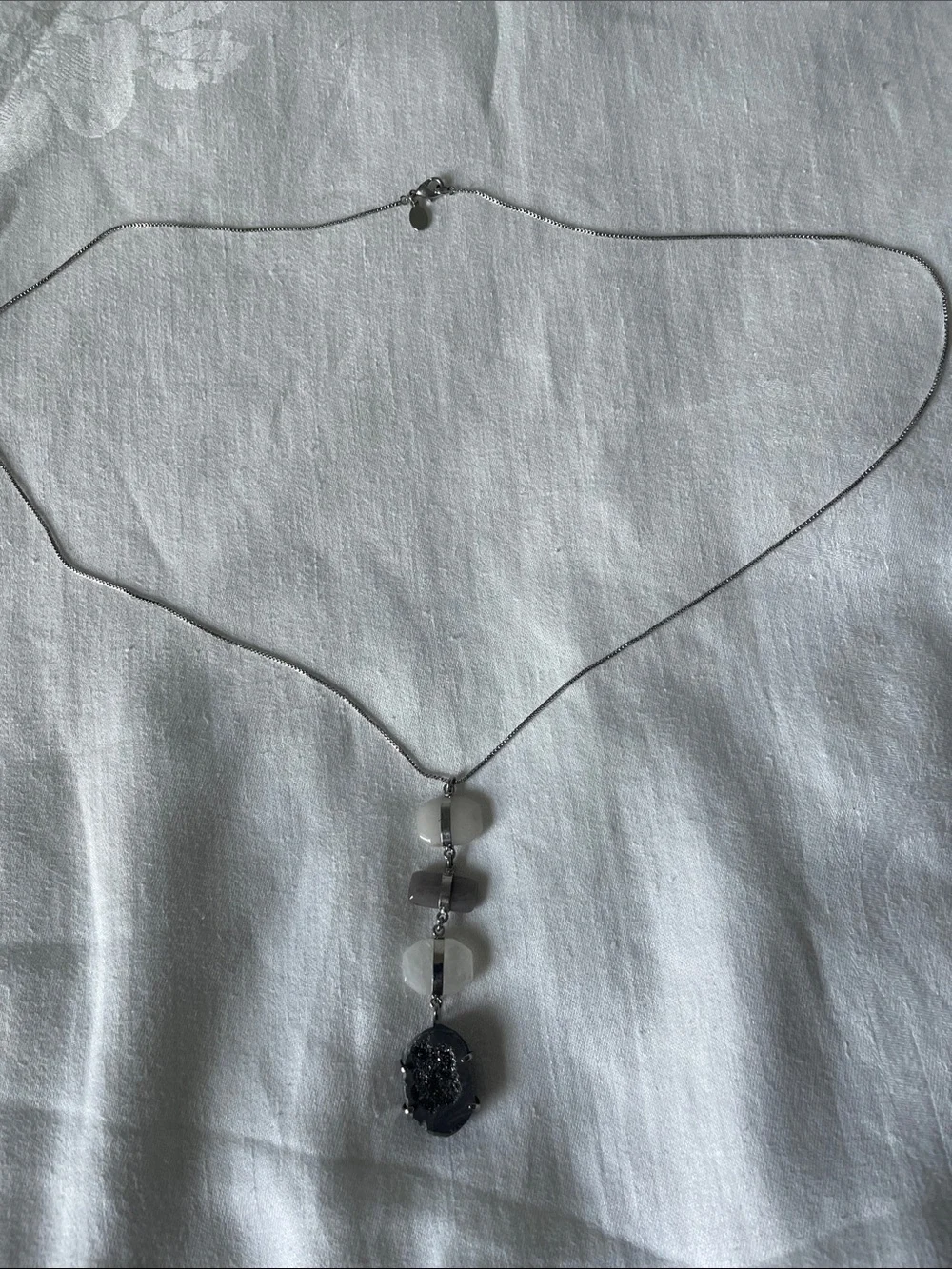 LOFT Silver-Tone Druzy Pendant Necklace with Gray and White Beads